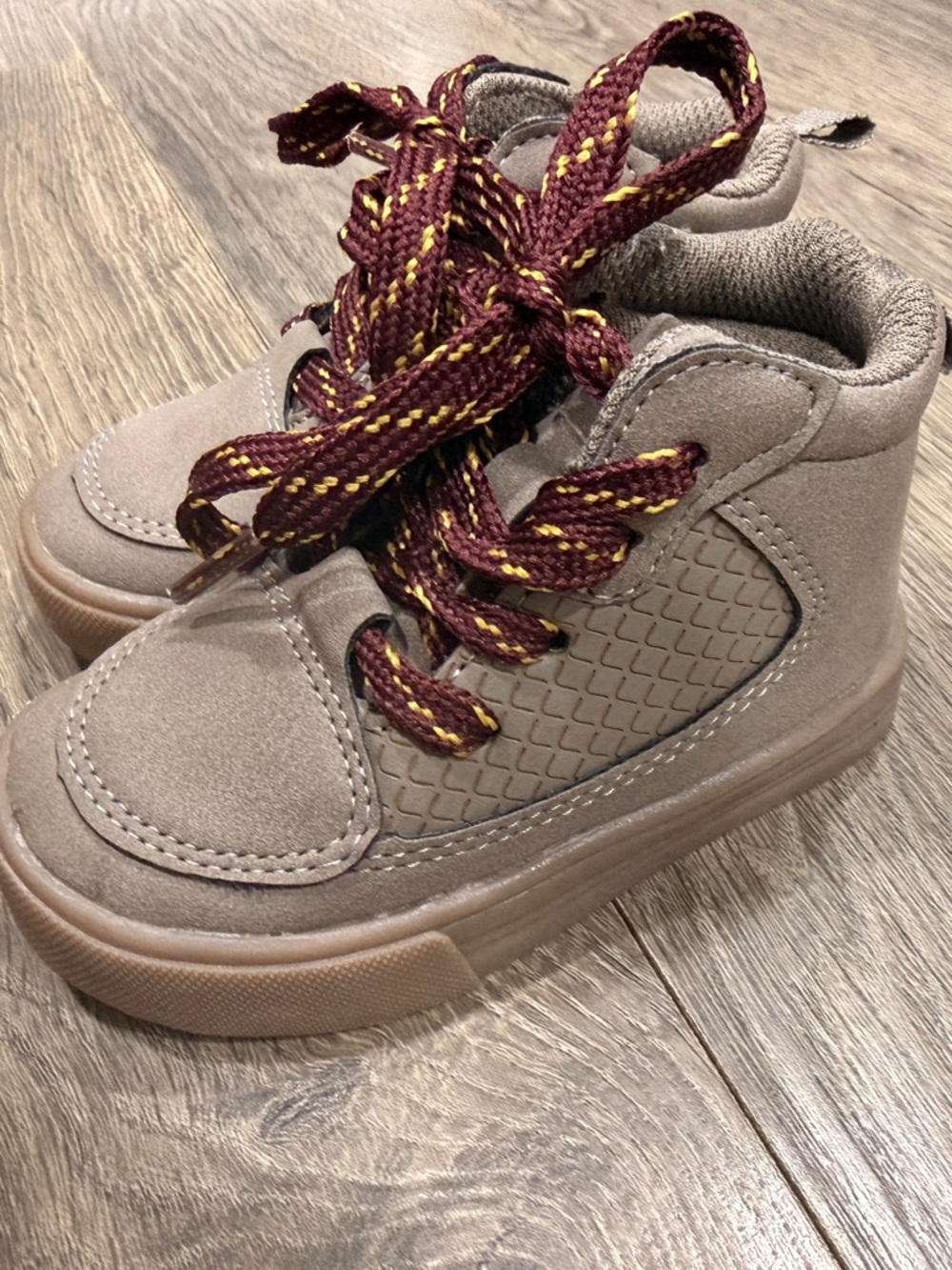 OshKosh B'gosh Taupe High-Top Sneakers with Maroon & Yellow Accented Laces